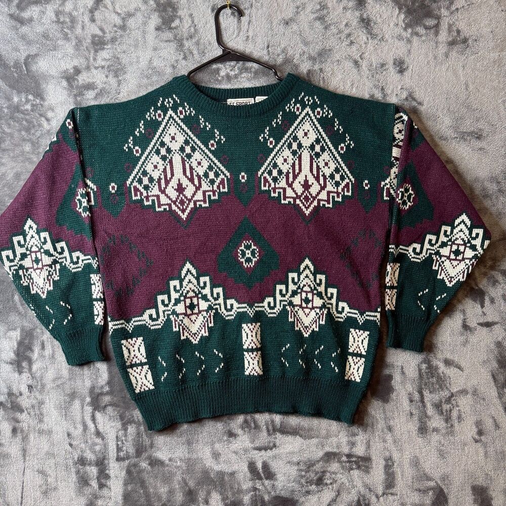 CC Sport Long Sleeve Crewneck Knit Sweater Multi Color Geometric Size X-Large